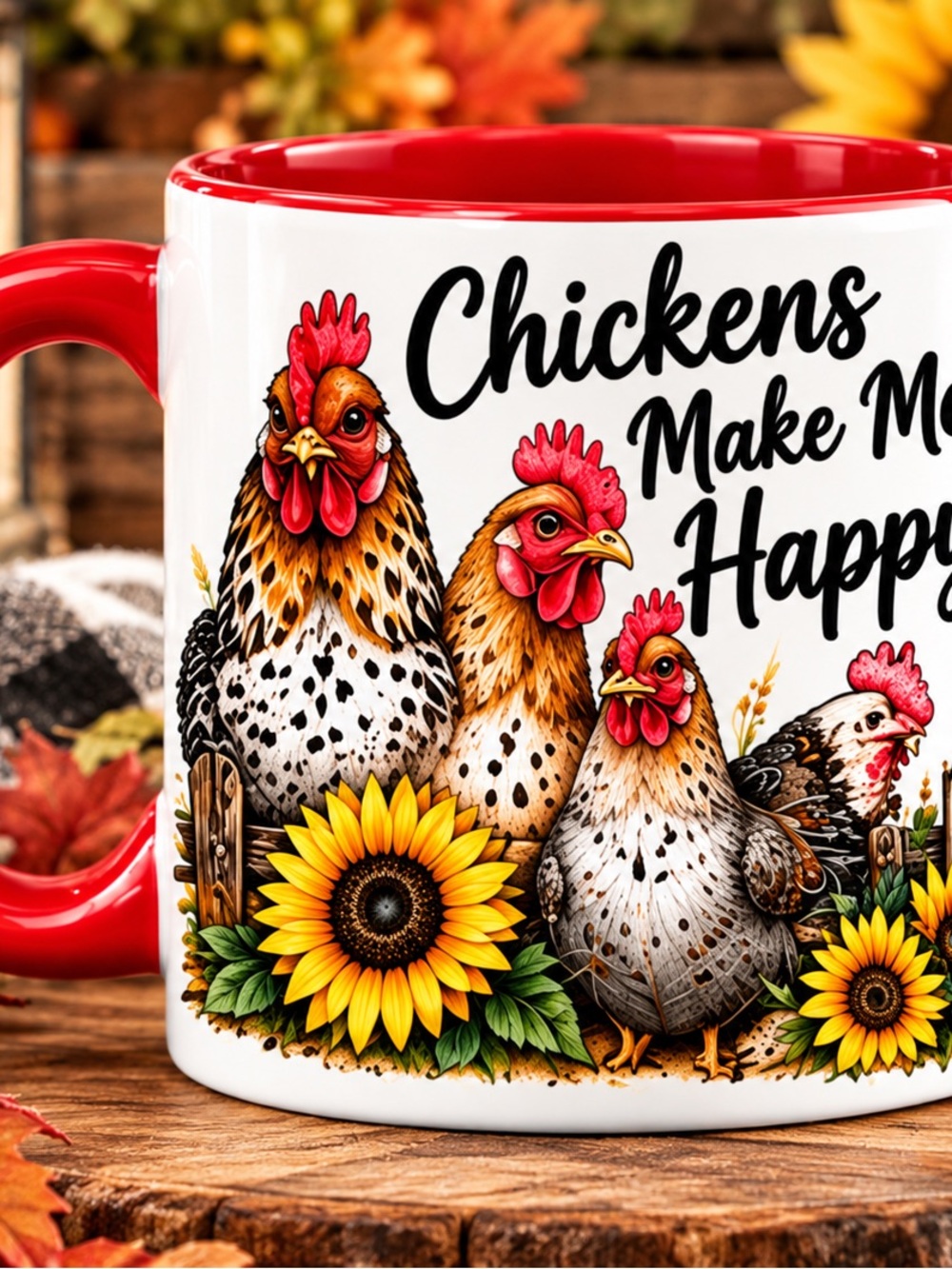 Farmhouse Chickens Make Me Happy Red & White Ceramic Mug